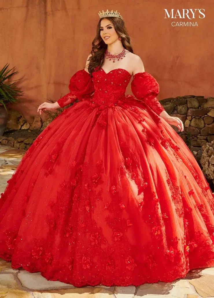 Model wearing red Quinceañera dress