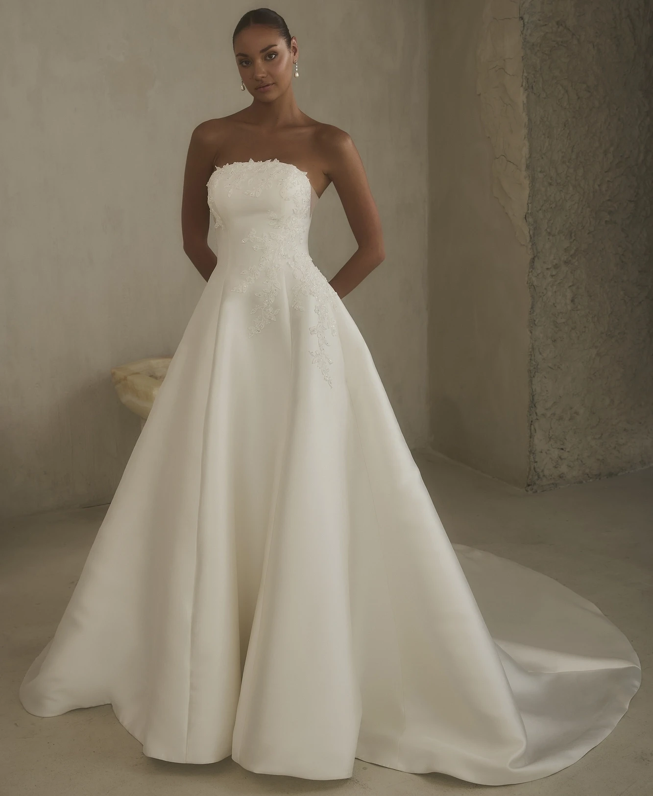 model wearing calla blanche bridal gown, mobile banner
