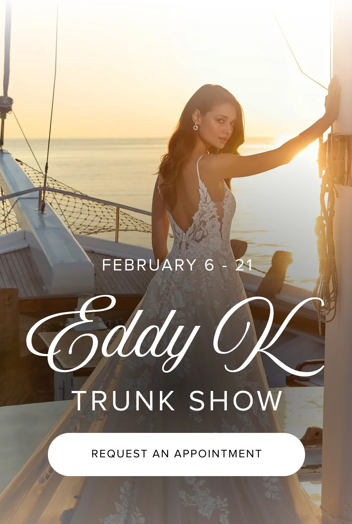 Model wearing Eddy K bridal dres, Eddy K Trunk Show mobile banner