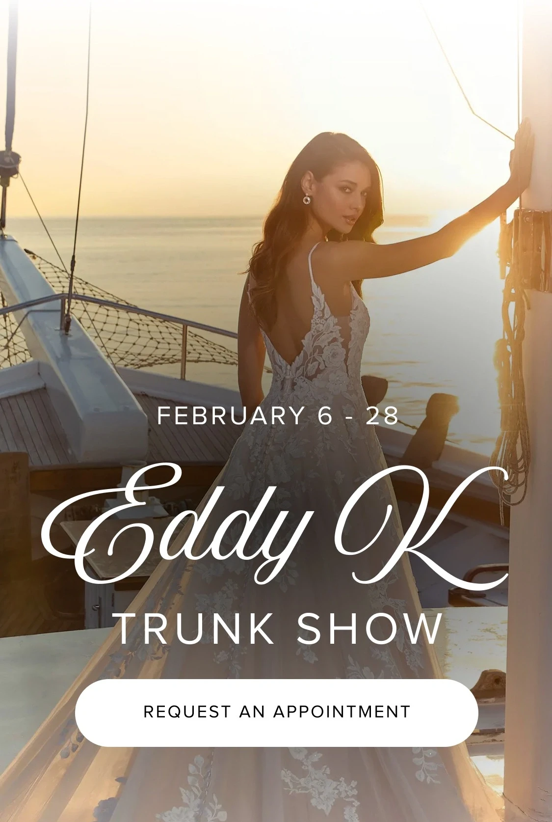 Model wearing Eddy K bridal dres, Eddy K Trunk Show mobile banner