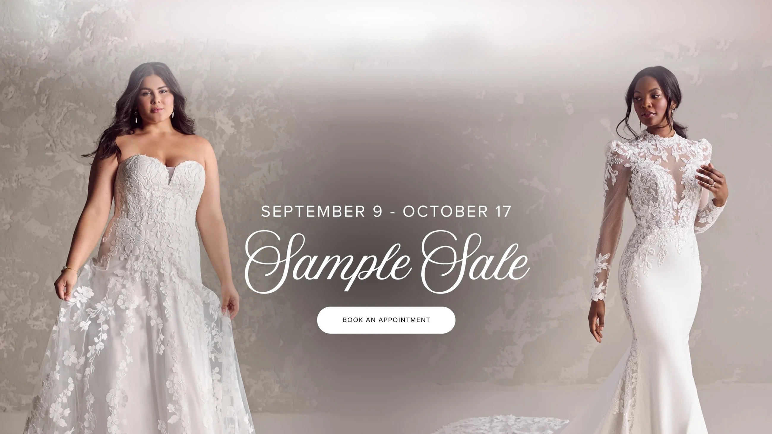 Models wearing bridal gowns and sample sale desktop banner