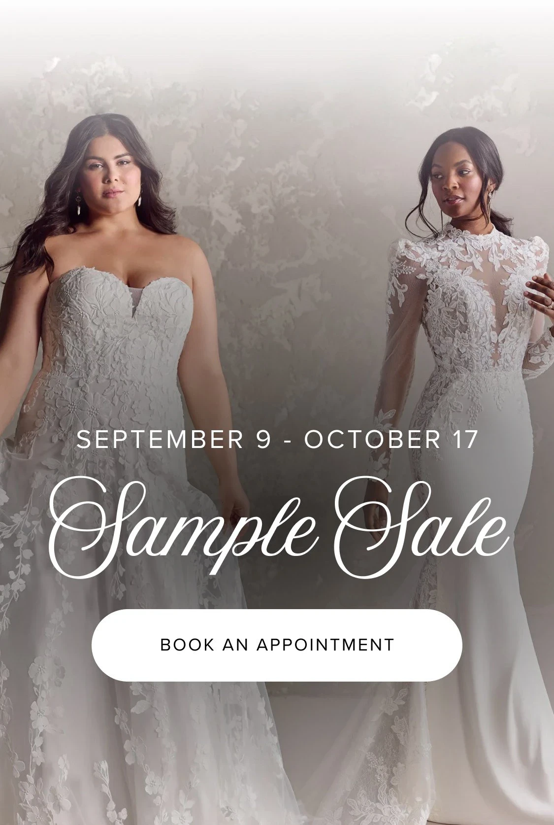 Models wearing bridal gowns and sample sale mobile banner