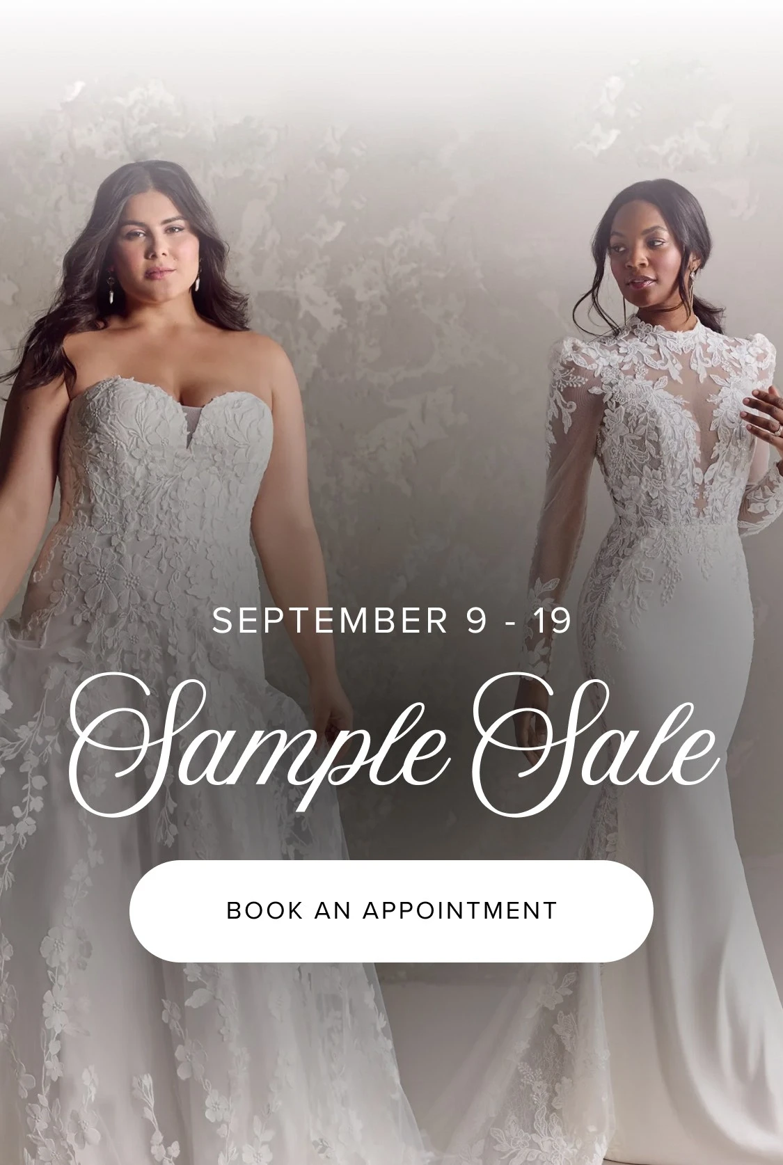 Models wearing bridal dresses, Sample sale mobile banner