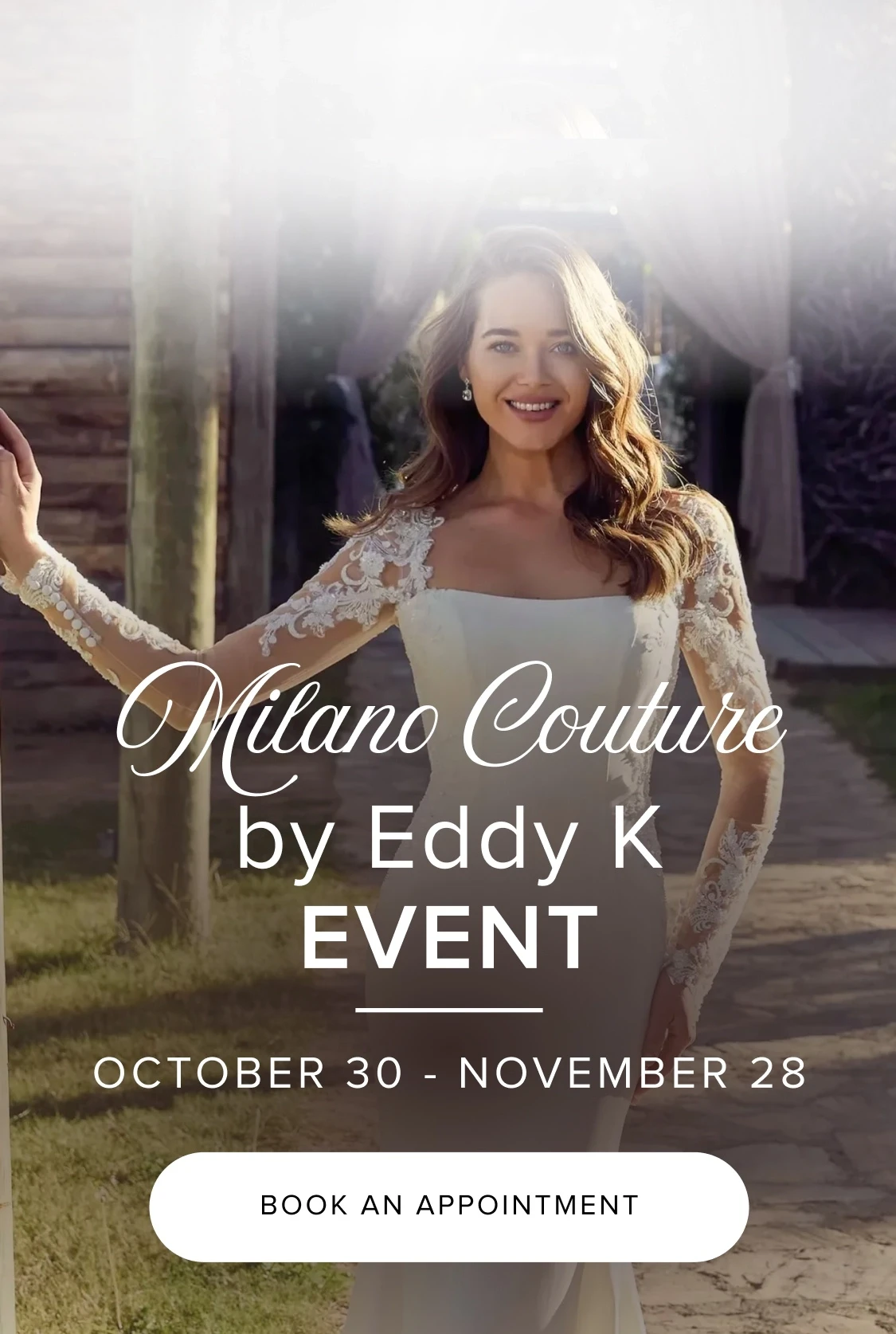 Model wearing Eddy K wedding dress, Milano Couture mobile banner